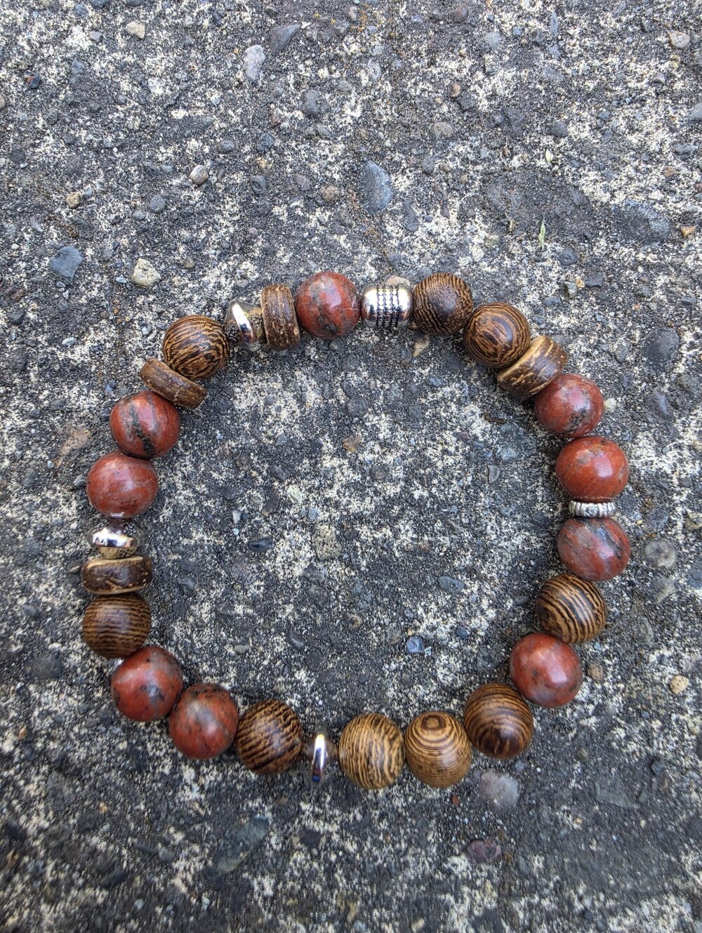 Boho Natural Wood & Red Jasper Stone Beaded Stretch Bracelet
